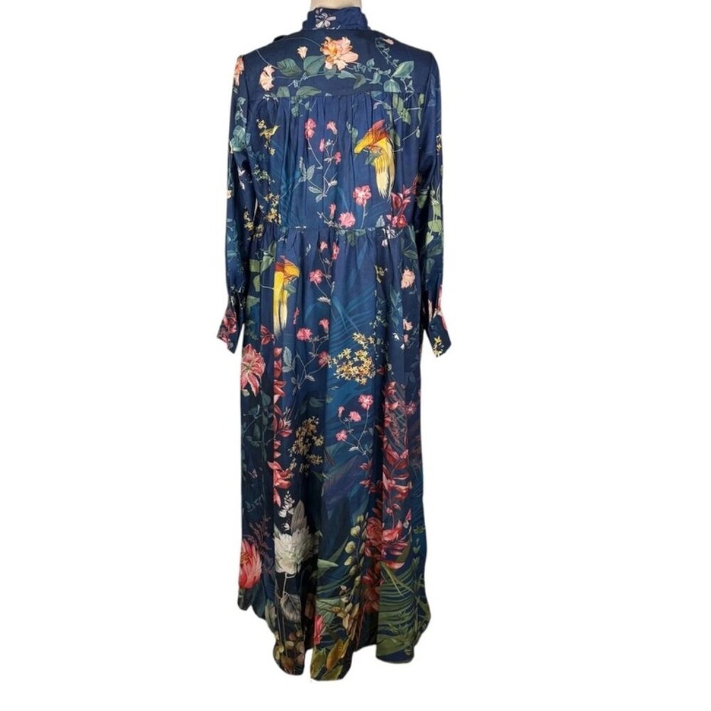 NWT Dalia Macphee Womens Navy Multi Long Sleeve Tie Neck Floral Maxi Dress Sz L - Picture 4 of 15